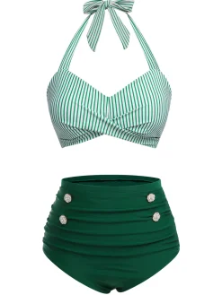 New Retro Stage [US Warehouse] Green 1940s Striped Halter Swimsuit Set