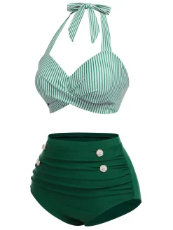 New Retro Stage [US Warehouse] Green 1940s Striped Halter Swimsuit Set