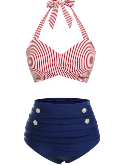 New Retro Stage [US Warehouse] Green 1940s Striped Halter Swimsuit Set