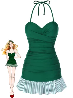 Hot Retro Stage [US Warehouse] 1930s Striped Ruffles Ruched Halter Swimsuit Green