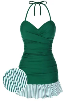 Hot Retro Stage [US Warehouse] 1930s Striped Ruffles Ruched Halter Swimsuit Green