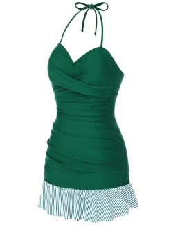 Hot Retro Stage [US Warehouse] 1930s Striped Ruffles Ruched Halter Swimsuit Green