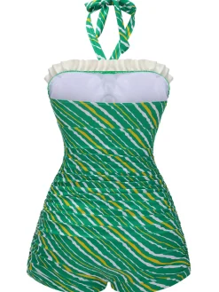 Fashion Retro Stage [US Warehouse] 1930s Stripe Off-Shoulder Halter Swimsuit Green