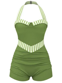 Outlet Retro Stage [US Warehouse] 1940s Stripe Patchwork Halter Swimsuit Green