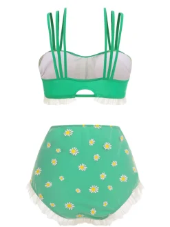 Online Retro Stage [US Warehouse] Green 1950s Summer Daisy Tankini Set
