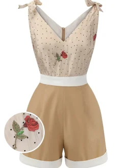Discount Retro Stage [US Warehouse] Khaki 1950s Embroidered Rose V-Neck Romper
