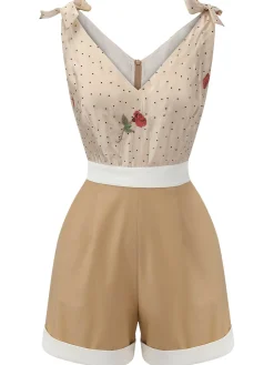 Discount Retro Stage [US Warehouse] Khaki 1950s Embroidered Rose V-Neck Romper