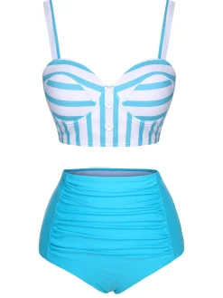 New Retro Stage [US Warehouse] 1950s Stripe Strap Swimsuit Light Blue