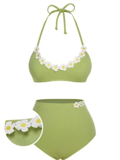 Outlet Retro Stage [US Warehouse] Light Green 1960s Halter Knit Daisy Swimsuit
