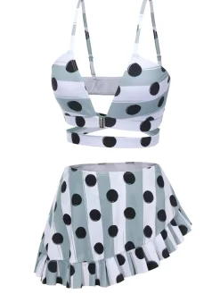 Hot Retro Stage [US Warehouse] 1940s Striped Polka Dots Strap Swimsuit Multi