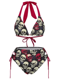 Best Retro Stage [US Warehouse] Multicolor 1950s Skull Halter Swimsuit