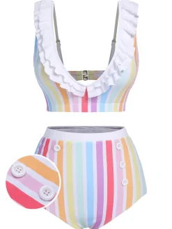 Sale Retro Stage [US Warehouse] 1950s Rainbow Stripes Swimsuit Multicolor