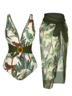 Hot Retro Stage [US Warehouse] 1960s Palm Leaf Swimsuit & Cover-Up Multicolor