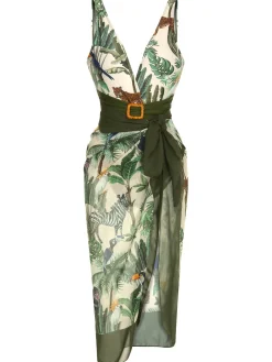 Hot Retro Stage [US Warehouse] 1960s Palm Leaf Swimsuit & Cover-Up Multicolor