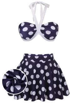 Fashion Retro Stage [US Warehouse] 1940s Polka Dot Halter Swimsuit Navy Blue