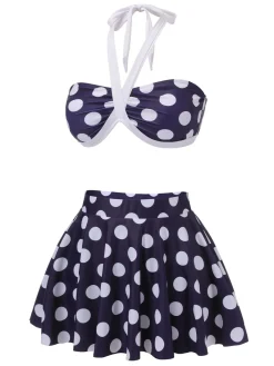 Fashion Retro Stage [US Warehouse] 1940s Polka Dot Halter Swimsuit Navy Blue
