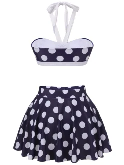 Fashion Retro Stage [US Warehouse] 1940s Polka Dot Halter Swimsuit Navy Blue