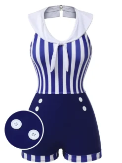 Clearance Retro Stage [US Warehouse] Navy 1950s Striped Navy Collar Swimsuit Blue