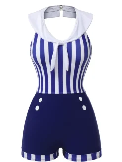 Clearance Retro Stage [US Warehouse] Navy 1950s Striped Navy Collar Swimsuit Blue