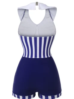 Clearance Retro Stage [US Warehouse] Navy 1950s Striped Navy Collar Swimsuit Blue
