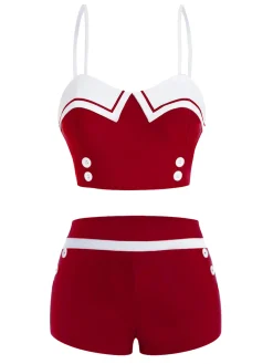 New Retro Stage [US Warehouse] Navy Blue 1950s Spaghetti Buttons Swimsuit