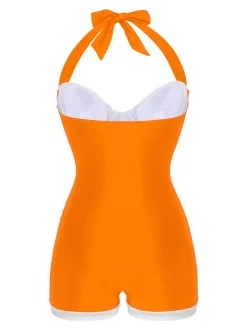 Best Retro Stage [US Warehouse] Navy Blue 1950s Pleated Halter Swimsuit