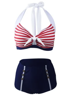 Outlet Retro Stage [US Warehouse] 1950s Stripe Halter Bikini Navy Red