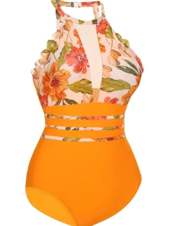 Clearance Retro Stage [US Warehouse] 1960s Halter Floral One-Piece Swimsuit Orange