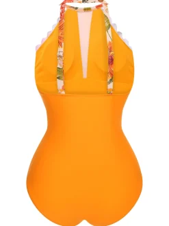 Clearance Retro Stage [US Warehouse] 1960s Halter Floral One-Piece Swimsuit Orange
