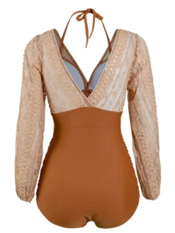 Online Retro Stage [US Warehouse] Patchwork Lace-Up One-Piece Swimsuit Orange