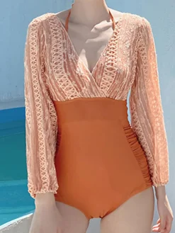 Online Retro Stage [US Warehouse] Patchwork Lace-Up One-Piece Swimsuit Orange