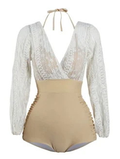 Online Retro Stage [US Warehouse] Patchwork Lace-Up One-Piece Swimsuit Orange