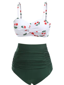 Best Retro Stage [US Warehouse] 2PCS 1950s Cherry Spaghetti Strap Bikini Set