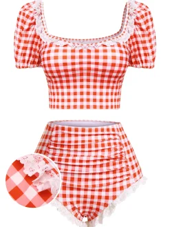 Discount Retro Stage [US Warehouse] 2PCS 1960s Plaid Lace Patchwork Swimsuit Red