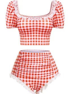 Discount Retro Stage [US Warehouse] 2PCS 1960s Plaid Lace Patchwork Swimsuit Red