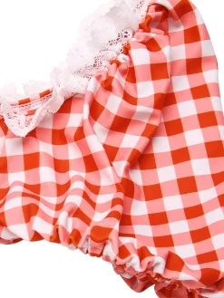 Discount Retro Stage [US Warehouse] 2PCS 1960s Plaid Lace Patchwork Swimsuit Red