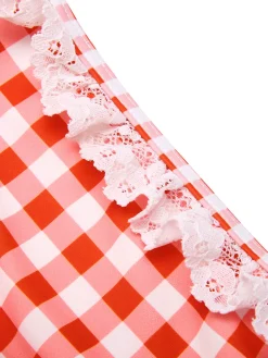 Discount Retro Stage [US Warehouse] 2PCS 1960s Plaid Lace Patchwork Swimsuit Red