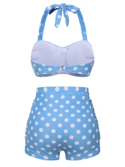 New Retro Stage [US Warehouse] 2PCS 1950s Polka Dots Bikini Set Blue