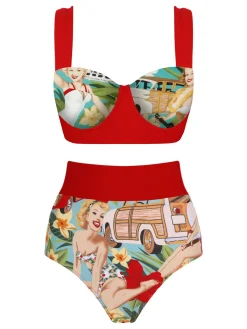 Best Retro Stage [US Warehouse] 3PCS 1960s Retro Lady Bikini Set Red