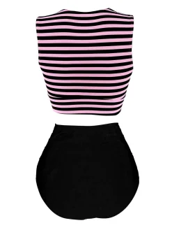 Best Retro Stage [US Warehouse] Pink & Black 1970s Striped Waist Tie Patchwork Swimsuit