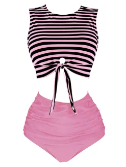 Best Retro Stage [US Warehouse] Pink & Black 1970s Striped Waist Tie Patchwork Swimsuit