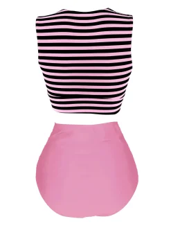 Best Retro Stage [US Warehouse] Pink & Black 1970s Striped Waist Tie Patchwork Swimsuit