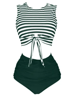 Best Retro Stage [US Warehouse] Pink & Black 1970s Striped Waist Tie Patchwork Swimsuit