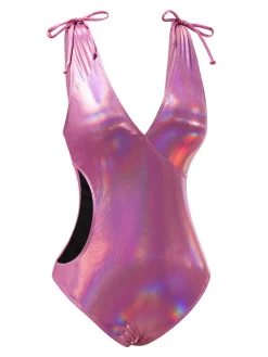 New Retro Stage [US Warehouse] 1970s Bow Deep V Gloss Hollow Swimsuit Pink
