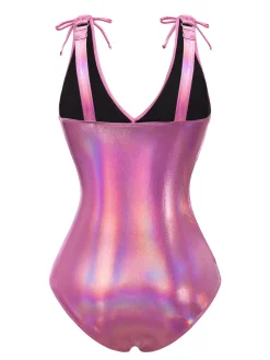 New Retro Stage [US Warehouse] 1970s Bow Deep V Gloss Hollow Swimsuit Pink