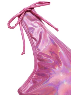 New Retro Stage [US Warehouse] 1970s Bow Deep V Gloss Hollow Swimsuit Pink