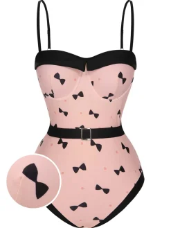 Hot Retro Stage [US Warehouse] 1950s Bow Polka Dots Print One-Piece Swimsuit Pink