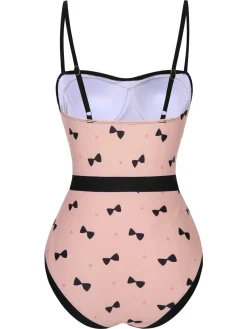 Hot Retro Stage [US Warehouse] 1950s Bow Polka Dots Print One-Piece Swimsuit Pink