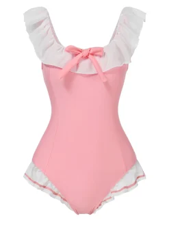 Hot Retro Stage [US Warehouse] 1950s Bowknot Lapel One-Piece Swimsuit Pink