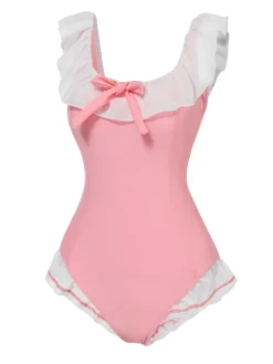 Hot Retro Stage [US Warehouse] 1950s Bowknot Lapel One-Piece Swimsuit Pink
